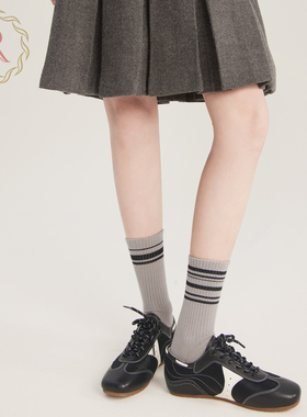 RoseTree中筒袜子女款配小皮鞋外穿潮灰色条纹长袜防臭棉袜春秋季