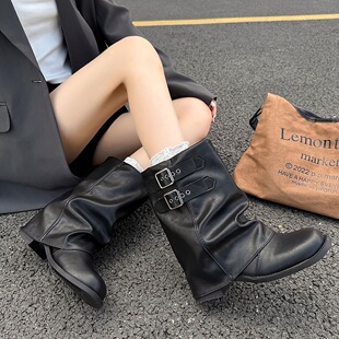 褶皱堆堆裤管靴女2026年春季新款粗跟黑色短靴配裙子机车马丁靴子