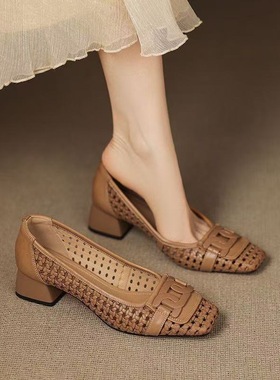 法式编织方头浅口单鞋镂空瓢鞋2025夏季新款舒适透气粗跟洞洞凉鞋