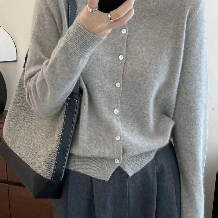 反季清仓100%纯羊毛开衫春秋女圆领毛衣外套宽松百搭羊绒针织外搭