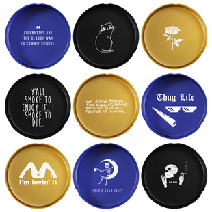 圆形蓝金黑色磨砂金属加厚不锈钢烟灰缸定制LOGO激光刻字Ashtray