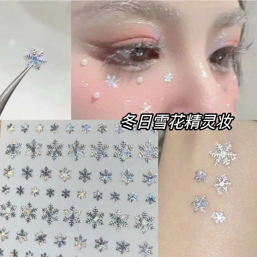 圣诞雪花妆容蝴蝶结妆容带钻白色雪花美甲贴花自带背胶冬日仿妆