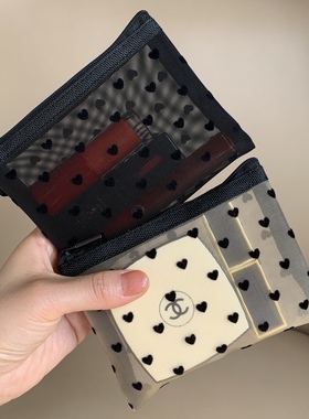 新款植绒ins爱心网纱收纳包化妆包 口红包随身便携女2023新款旅行