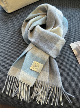 围巾女款2025新款冬女生羊毛格灰蓝色围巾韩系氛围感时尚洋气高档