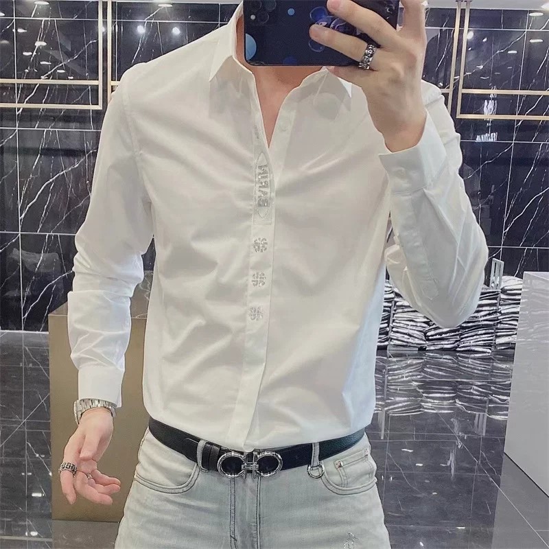 春秋男士烫钻修身长袖衬衫