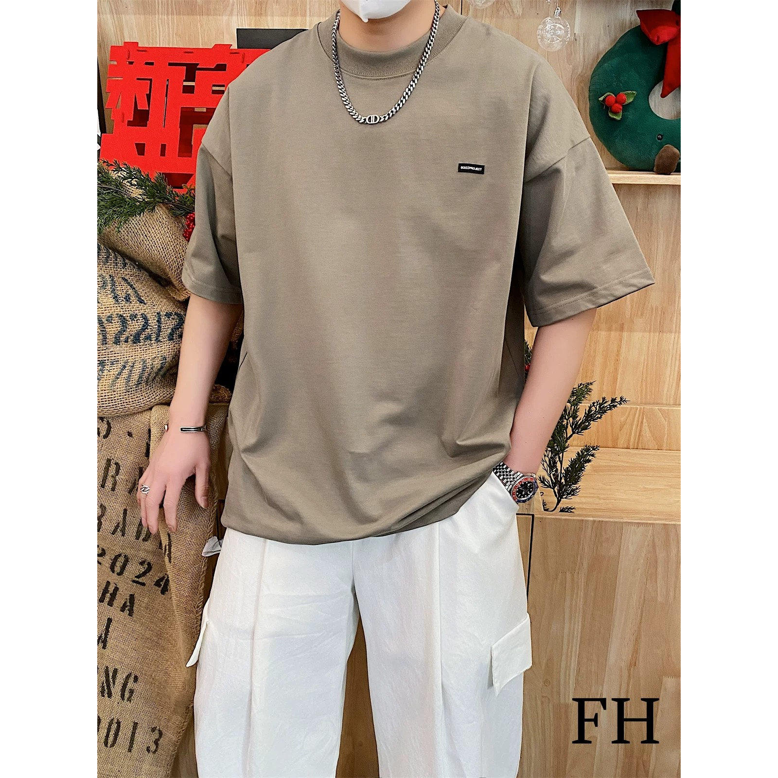 美式潮牌宽松五分袖字母T恤男