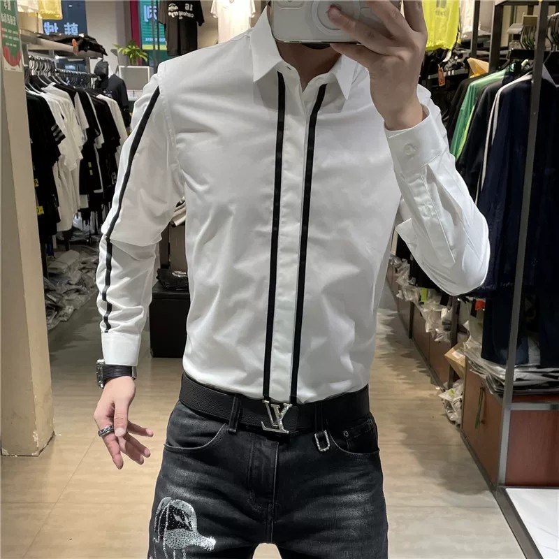 春秋免烫修身撞色条纹男白衬衫