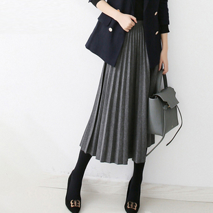 2025大码 新款 遮胯松紧腰压褶伞长裙 灰色冬季 毛呢百褶半身裙中长款