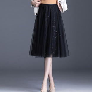 网纱半身裙秋冬大码 百褶遮胯纱裙胖mm女士中裙小个子松紧腰蕾丝裙