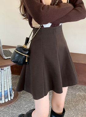 毛呢短裙女秋冬大码黑色高腰显瘦遮胯伞裙子蓬蓬裙咖色百褶半身裙