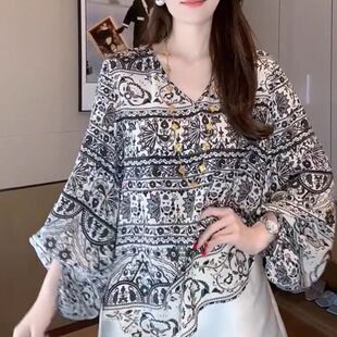 中长款夏季雪纺印花衬衫女士春秋新款洋气长袖上衣夏季v领宽松t恤