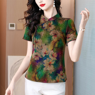 小个子妈妈修身 花萝香云纱绿色上衣女春装 真丝衬衫 新中式 短袖