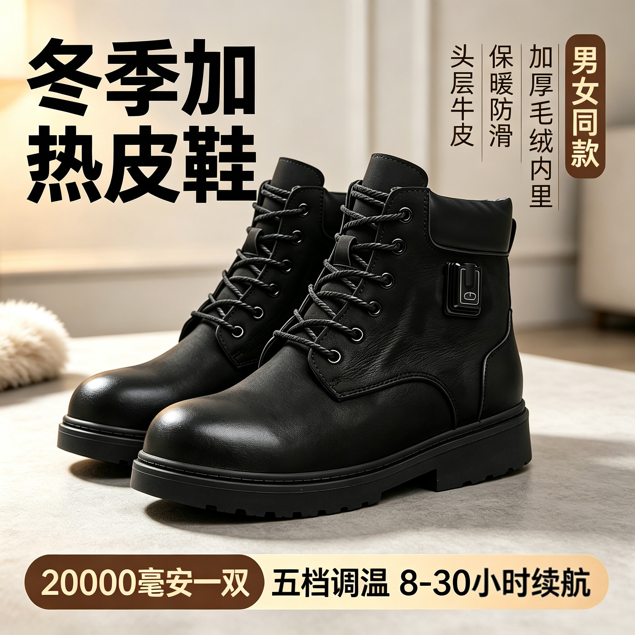 充电加热真皮户外防寒靴