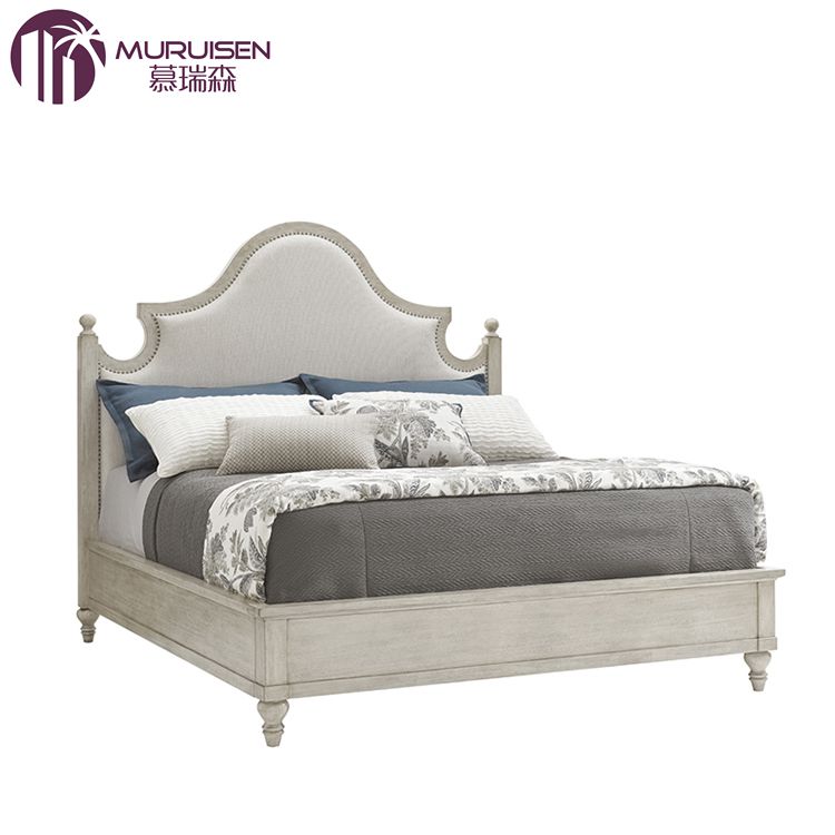现代美式轻奢实木白色做旧布艺软靠双人床新古典卧室进口牛皮婚床