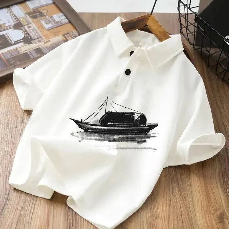 T恤2024夏季短袖OLO款中大童儿童翻领男童衫上衣中国风白色P墨画