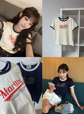 现货｜韩国小众品牌MARITHE复古字母印花撞色圆领短袖T恤