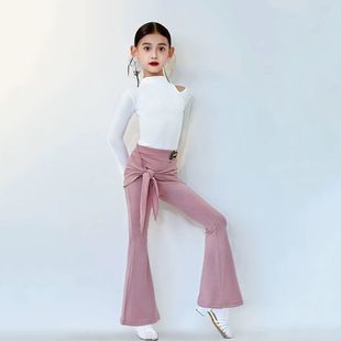 CONNY拉丁舞训练服女儿童舞蹈练功服长裤微喇叭黑色长袖上衣套装