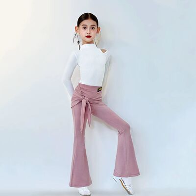CONNY拉丁舞训练服女儿童舞蹈练功服长裤微喇叭黑色长袖上衣套装