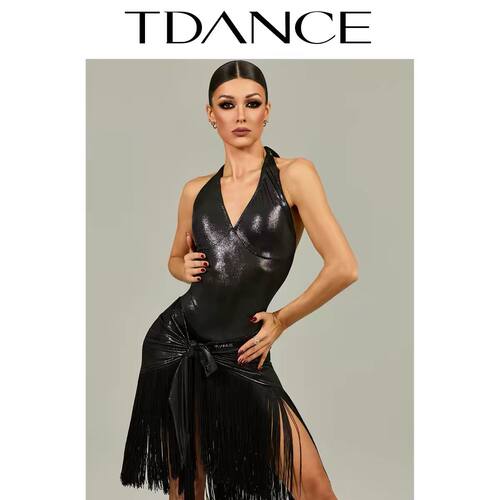 TDANCE拉丁舞服女成人挂脖连衣裙亮流苏半身裙套装练功服