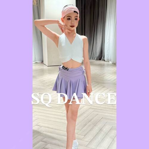SQ舞服少儿拉丁舞春夏挂脖白色背心运动半裙练习服紫色女童跳舞