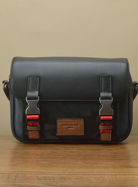 FimaC手工进口牛皮单肩斜挎中性包 时尚潮经典皮牌拼色翻盖小方包