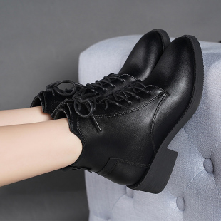 百丽纯爱2024秋冬季 真皮马丁靴女英伦风粗跟厚底机车靴短靴子 新款