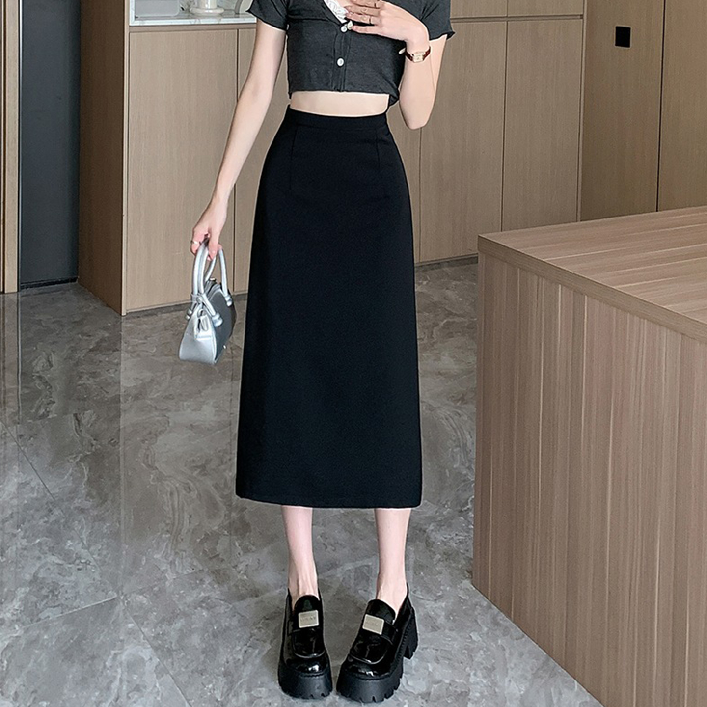 黑色半身裙女夏季2025新款高腰显瘦中长款职业西装一步开叉a字裙