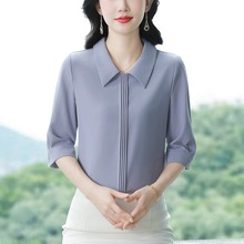 杭州高端大牌真丝衬衫女士中袖小衫2025夏新款气质妈妈桑蚕丝上衣