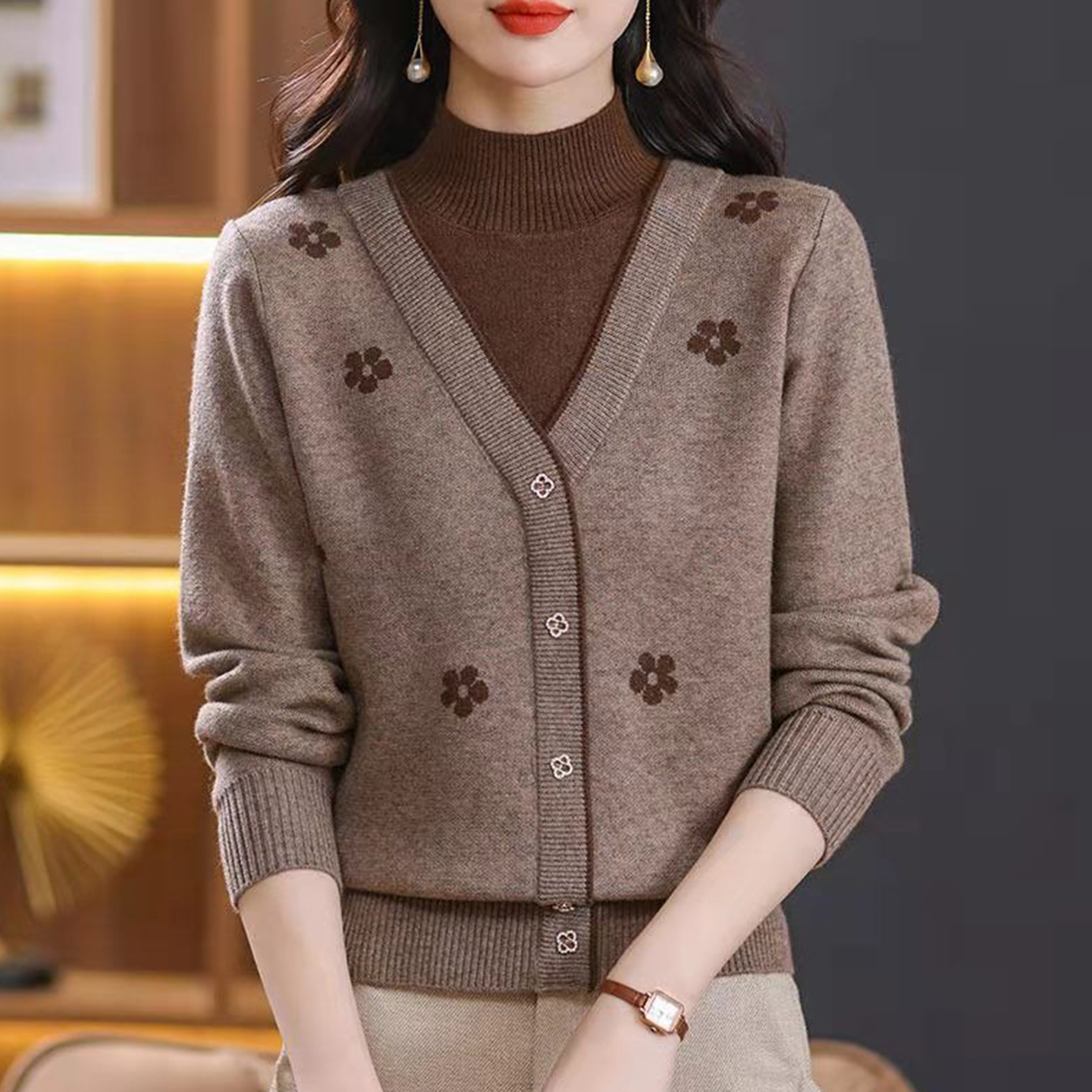 针织套头半高领拼接针织衫假两件