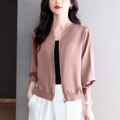 真丝桑蚕丝女士短外套棒球服收腰