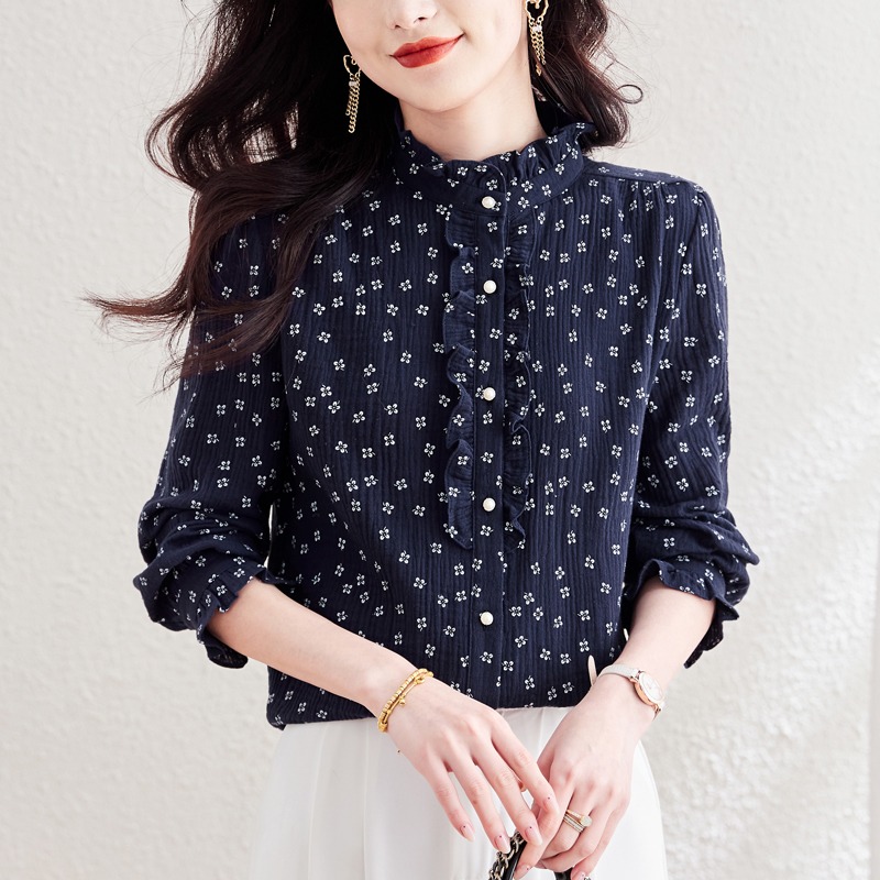 宽松百搭开衫长袖棉纱碎花衬衫