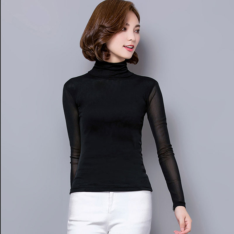 高领网纱打底衫纯色长袖t恤上衣