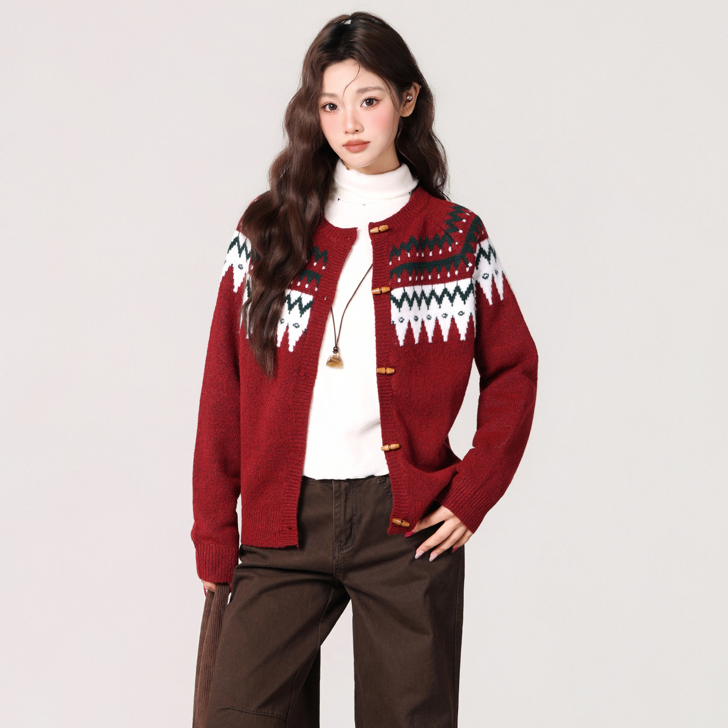 红色费尔岛牛角扣长袖针织开衫毛衣外套秋冬高级感新款加厚上衣女