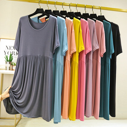 连衣裙女夏季莫代尔宽松大码居家睡裙纯色休闲外穿显瘦短袖长裙