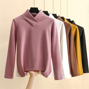 交叉领德绒打底衫 半高领交襟上衣加厚秋衣 女内搭保暖内衣洋气长袖