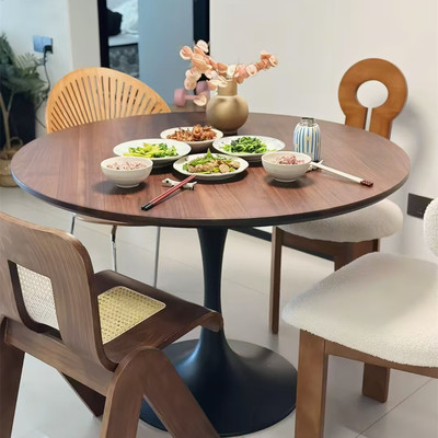 黑胡桃圆餐桌实木轻奢郁金香圆桌
