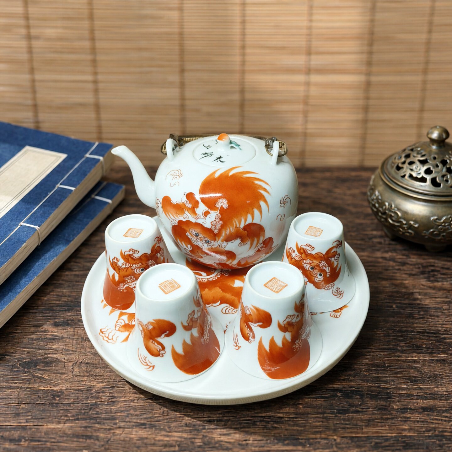 景德镇厂货瓷器/手绘矾红太师少保6头茶具/怀旧装饰收藏老瓷器
