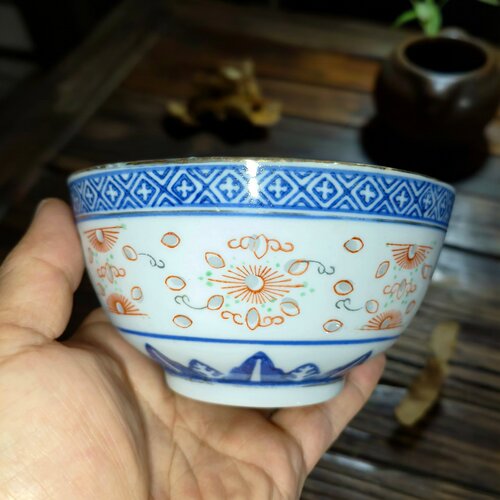 青花玲珑加彩描金4.5英寸饭碗