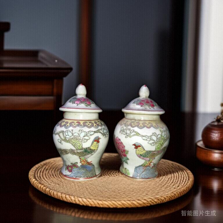 包老景德镇567老厂货瓷/手绘粉彩锦鸡花鸟4.25英寸天字坛小将军罐