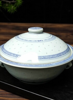 包老景德镇567老厂瓷/光明瓷厂釉下彩青花玲珑小号一品锅带盖汤盆