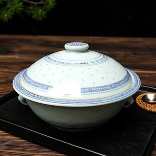 包老景德镇567老厂瓷/光明瓷厂釉下彩青花玲珑小号一品锅带盖汤盆