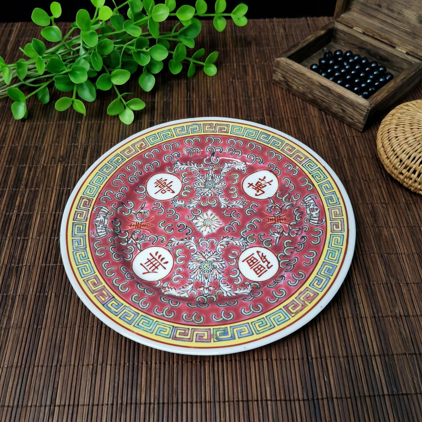 景德镇厂货瓷器/老矿料手工粉彩红万寿无疆18厘米平盘/壶承点心碟