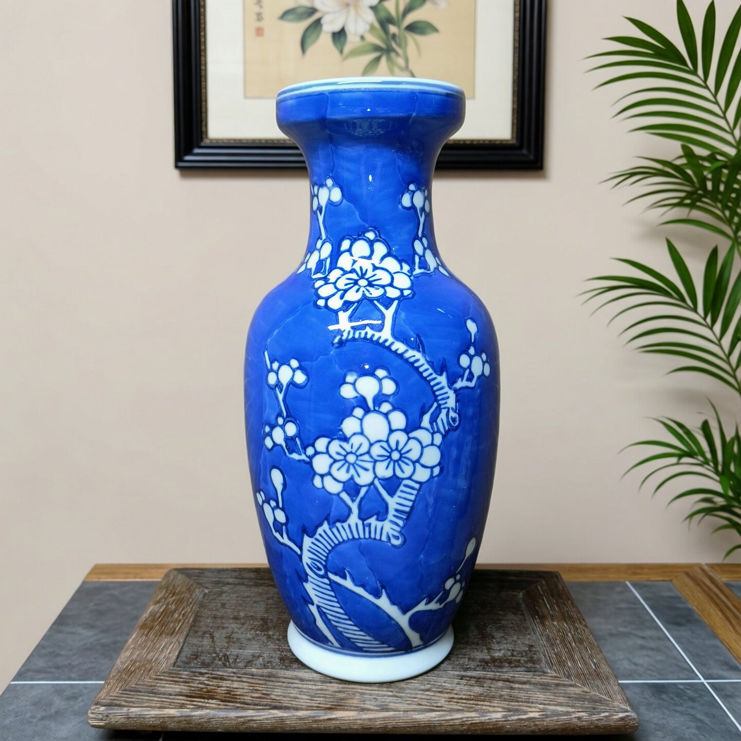 包老/景德镇567老厂瓷/建国瓷厂柴窑手绘青花冰梅花兰瓶收藏摆件
