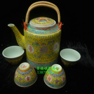 景德镇厂货/手工粉彩黄万寿无疆5头提梁壶茶具/送老人装饰收藏