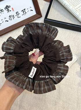 韩系新款咖色复古格纹大肠发圈