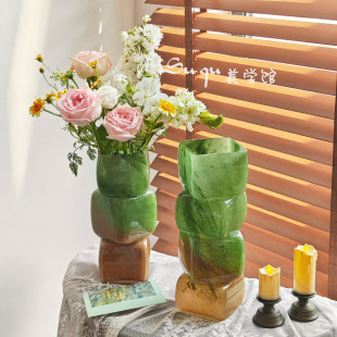 轻奢艺术渐变花瓶琉璃水养鲜花插花摆件玻璃客厅软装 饰品复古法式