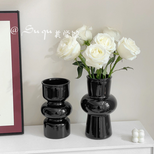黑色复古玻璃小花瓶插花装饰摆件ins风花器水养鲜花客厅桌面花艺