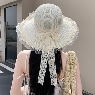 海边拍照帽子女防晒度假大帽檐遮阳帽蝴蝶结系带沙滩帽草帽 夏季