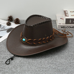 2025夏季新款复古PU皮西部牛仔帽女户外旅游拍照大檐遮阳骑士帽男