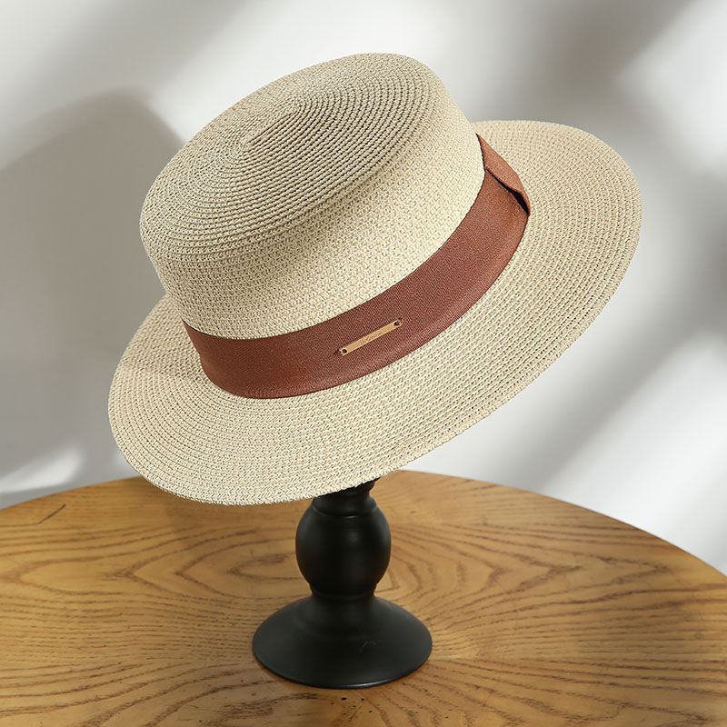 网红草帽子女春夏法式平顶礼帽英伦遮阳防晒海边平沿宽檐男女同款